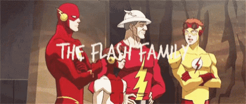 a group of cartoon characters are standing next to each other and the words `` the flash family '' are written on the bottom .