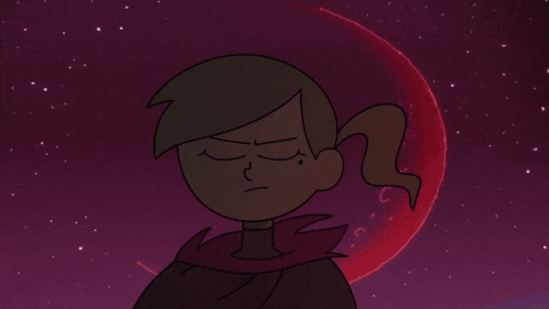 a cartoon character with glowing green eyes is smiling in the dark