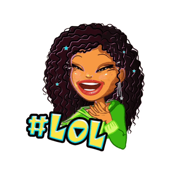 a cartoon girl with curly hair is laughing and has the word lol on her face
