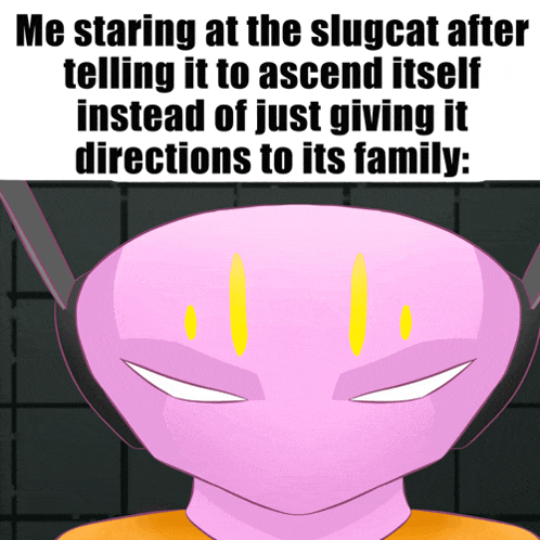 a cartoon of a slugcat with the caption " me staring at the slugcat after telling it to ascend itself