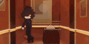 a cartoon character is standing in a hallway with a picture of a scissor on the wall