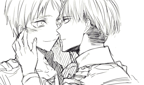 a black and white drawing of two men touching faces