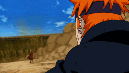 a cartoon character with orange hair and a black headband