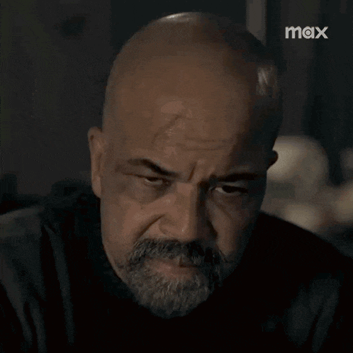 a bald man with a beard and mustache is looking at the camera in a dark room .
