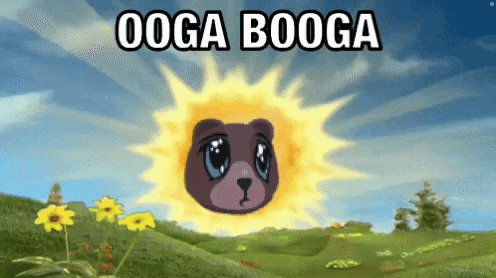 a cartoon of a bear with a sun behind it that says ' ooga booga ' on the bottom
