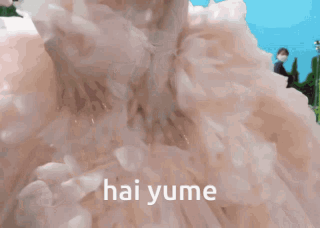 a woman in a pink dress has hai yume written on the bottom of her dress