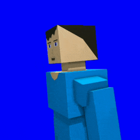 a cartoon character with a blue shirt and a black glove