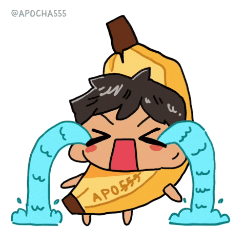 a cartoon of a person in a banana costume crying with apocha555 written on the bottom