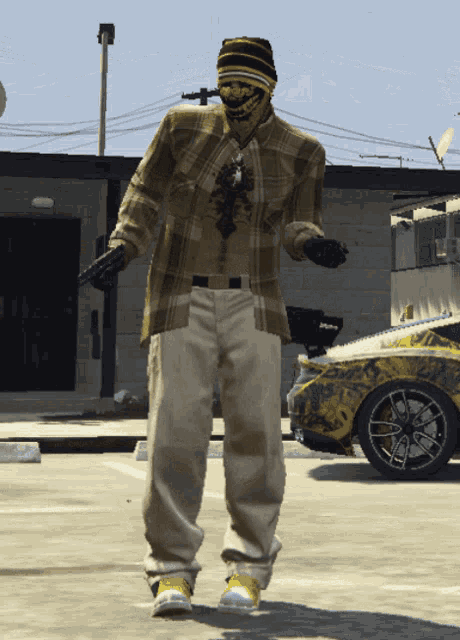 a man in a plaid shirt and yellow shoes is standing in a parking lot