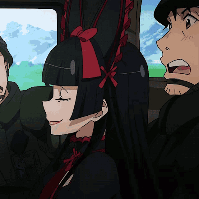 a girl with black hair and a red bow in her hair is sitting next to a man