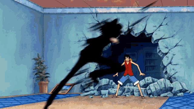 a cartoon of luffy and sanji in a room with a hole in the wall