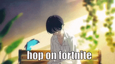 a boy is sitting on a bench with the words hop on fortnite written above him .