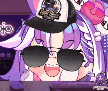 a girl with purple hair wearing sunglasses and a euro truck simulator hat