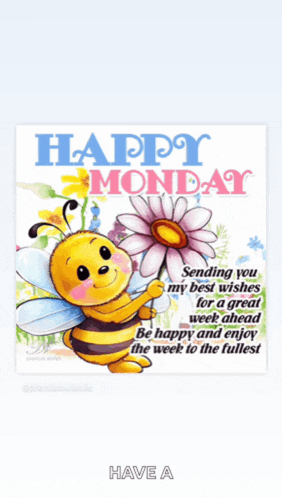 a happy monday greeting card with a bee holding a daisy