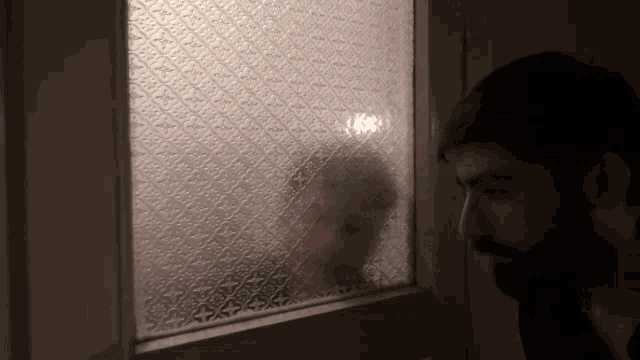 a man with a beard is looking through a door with a patterned glass