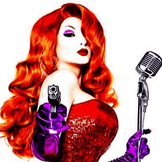 a woman is holding a gun and a microphone .