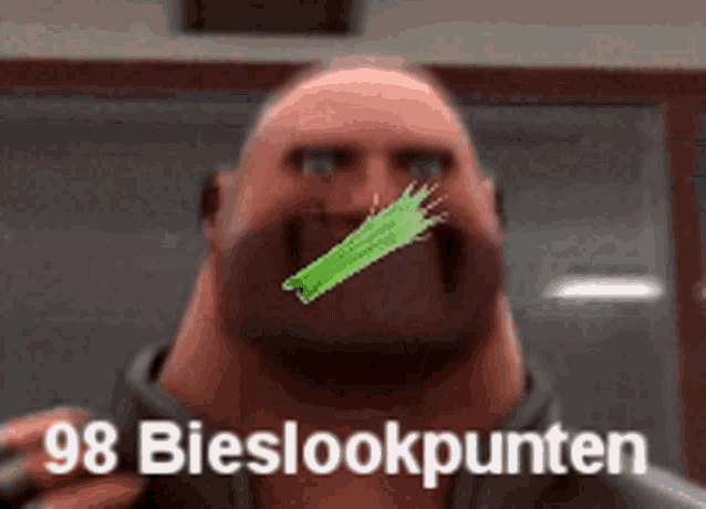 a cartoon character with a green stick in his mouth and the words 98 bieslookpunten written below him