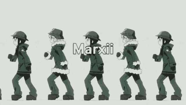 a group of anime characters are walking in a row with the word marxii written on the bottom .