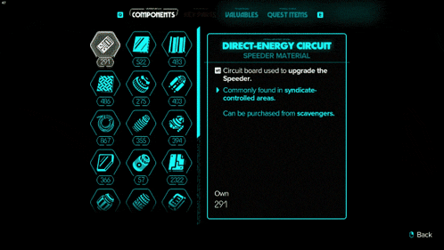 a screenshot of a video game shows the direct energy circuit speeder material