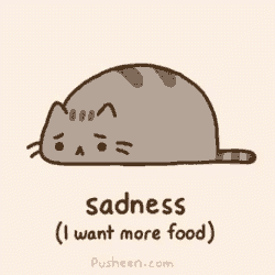 a cartoon cat with the words sadness i want more food