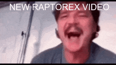 a man with a mustache is laughing with the words new raptorex video above him