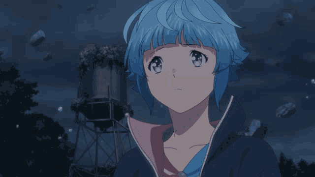 a girl with blue hair and purple eyes looks at something