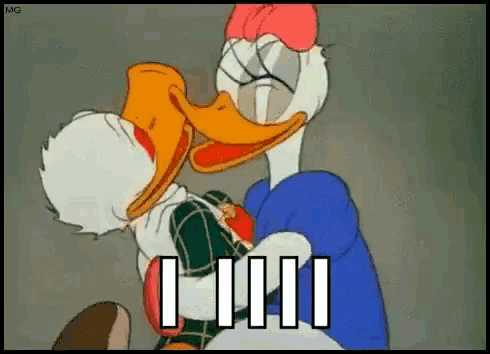 a cartoon of donald duck and daisy duck kissing with a blue background