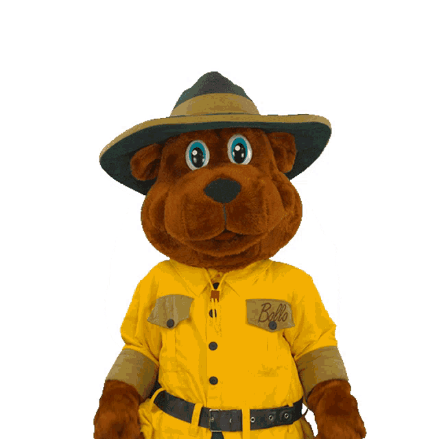 a stuffed animal wearing a hat and a yellow shirt that says bello