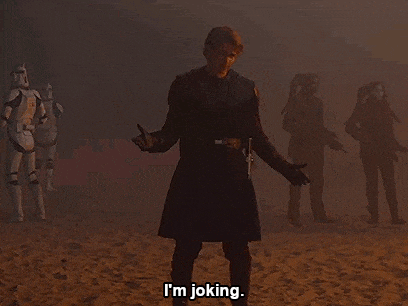 a man in a star wars costume says i 'm joking in front of a group of stormtroopers