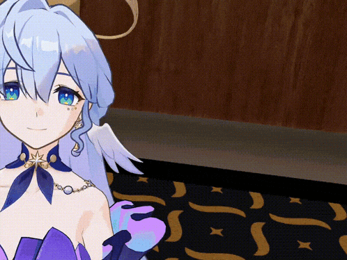 a girl with blue hair and blue eyes is sitting on a rug