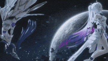 a girl with purple hair is standing in front of a giant white moon