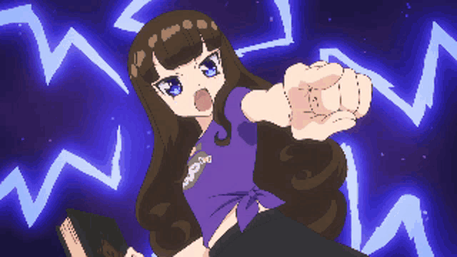 a girl in a purple shirt is pointing her finger at the camera