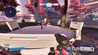 a screenshot of a video game with a table and chairs in the background