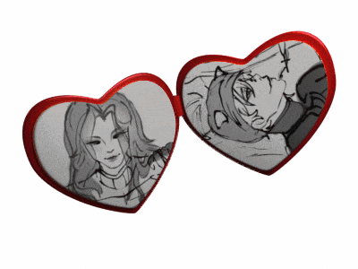 a heart shaped mirror with a drawing of a woman and a man