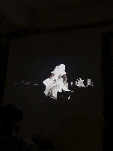 a projector screen shows a couple of ghosts dancing