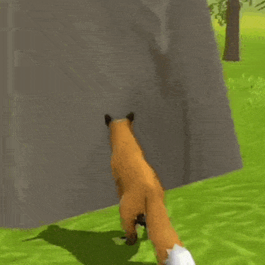 a fox is standing next to a large rock in a video game .