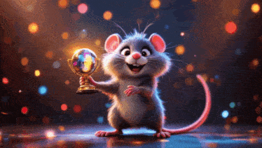 a cartoon mouse is holding a golden trophy