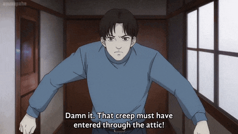 a man in a blue sweater says " damn it that creep must have entered through the attic ! "