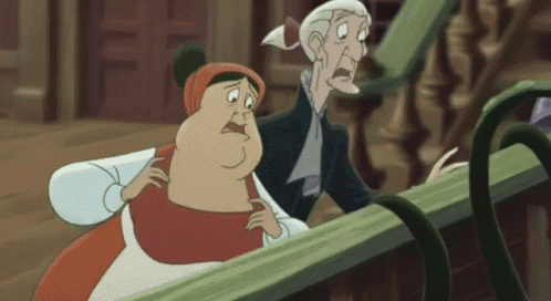 a couple of cartoon characters standing next to each other on a balcony