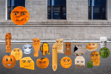 a bunch of food with faces on them are lined up in front of a building