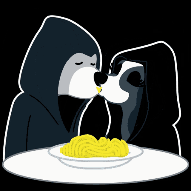 a cartoon of two penguins kissing over a plate of spaghetti