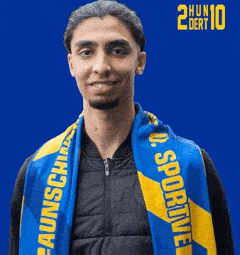 a man with a blue and yellow scarf around his neck with the number 10 on the bottom