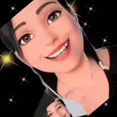 a close up of a woman 's face with a cartoon face behind her
