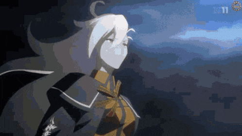 a girl with long white hair is standing in front of a cloudy sky