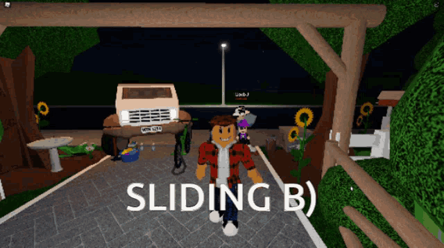 a boy in a red shirt is standing in front of a sign that says sliding b )