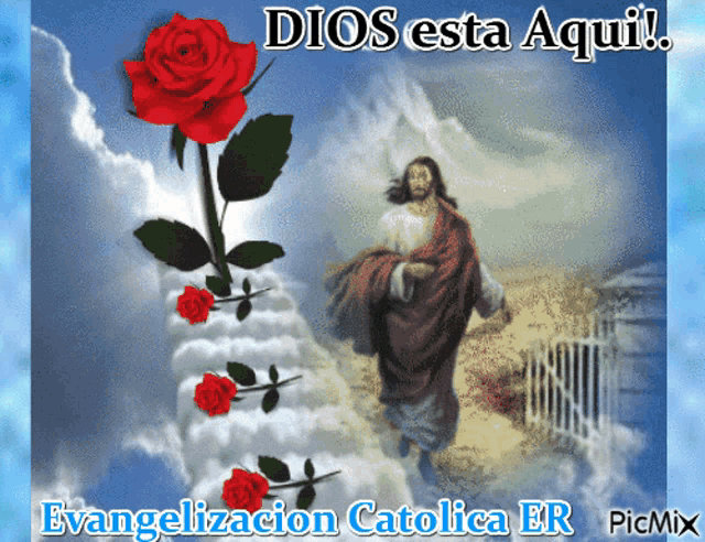 a picture of jesus with roses and the words dios esta aqui evangelizacion catholica er