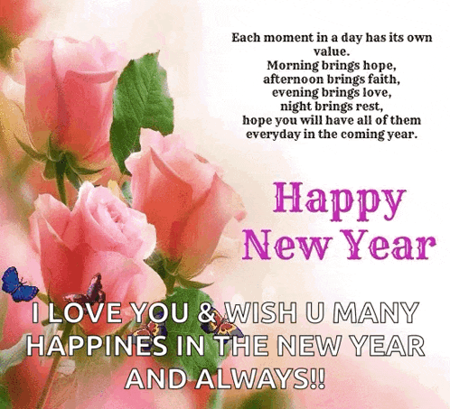 a happy new year card with roses and butterflies