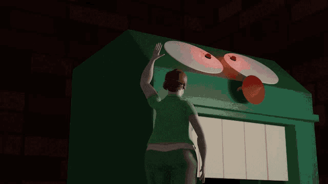 a woman in a green shirt is standing in front of a green building with a smiley face on it