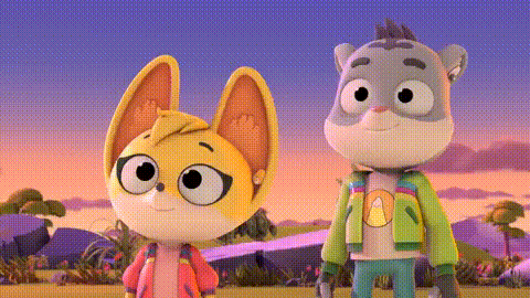 a couple of cartoon characters standing next to each other .