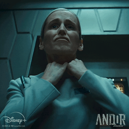 a poster for andor star wars showing a woman holding her neck
